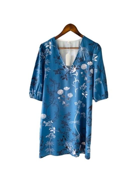 Made With Love Dresses & Skirts - Floral V-Neck Mini Dress Sz Medium with Puff Sleeves Eco-Friendly Blue Botanical